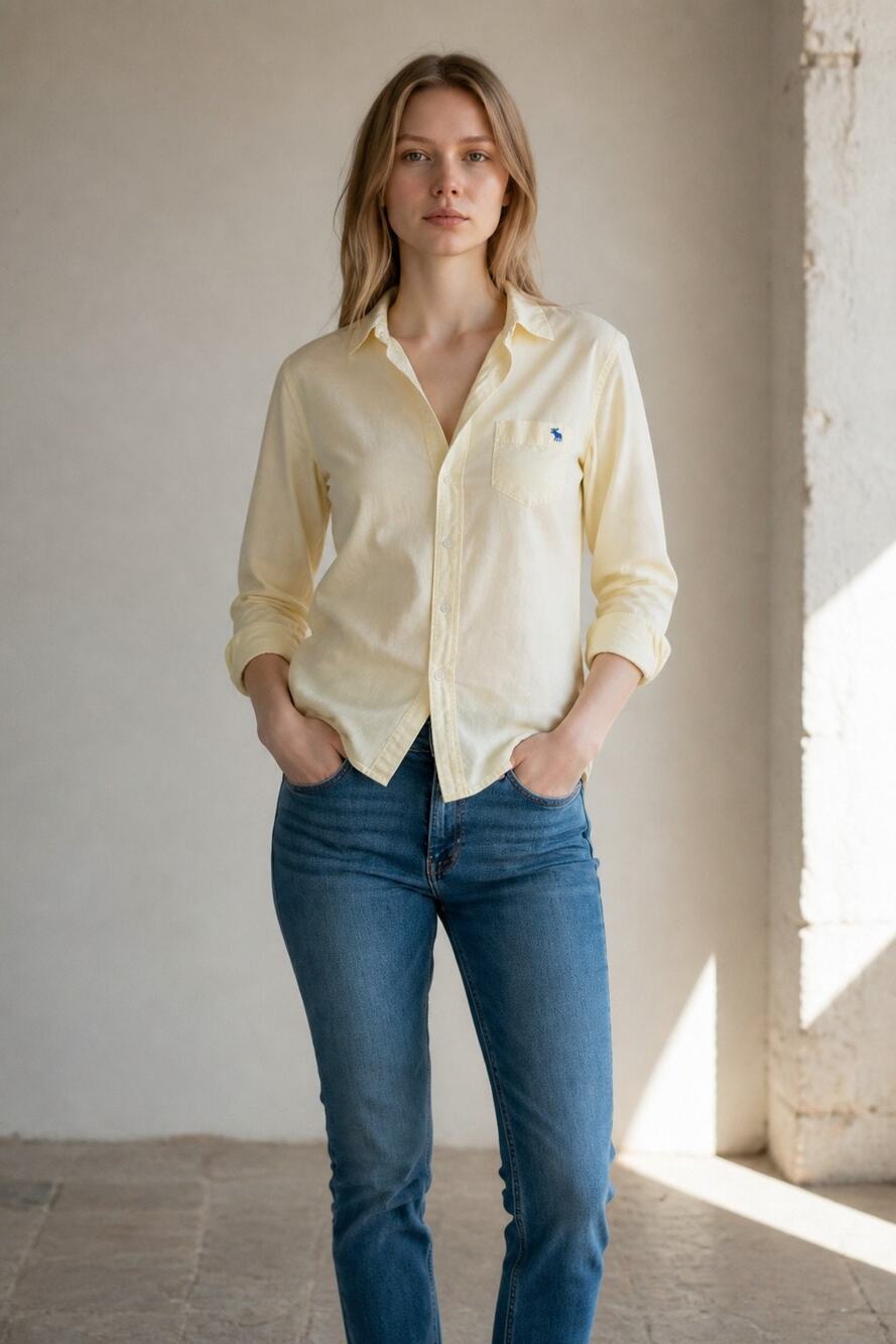 Abercrombie Vintage 1892 Yellow Logo Button Up Long Sleeve Oxford Blouse Size S